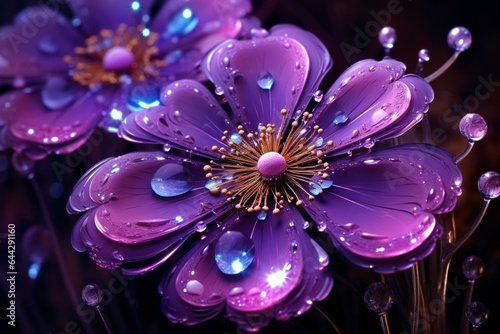 Vibrant violet fractal blossom adorned with sparkling water droplets. Generative AI