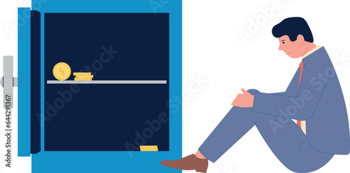 Bankrupcy concept. Businessman with empty safe. Money loss