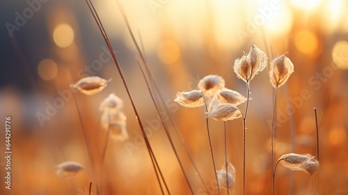 Autumn landscape nature background. Dried flowers with water drops after the rain on the field, banner. Selective focus
