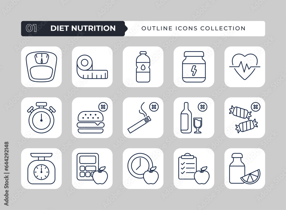 Diet nutrition outline icon collection