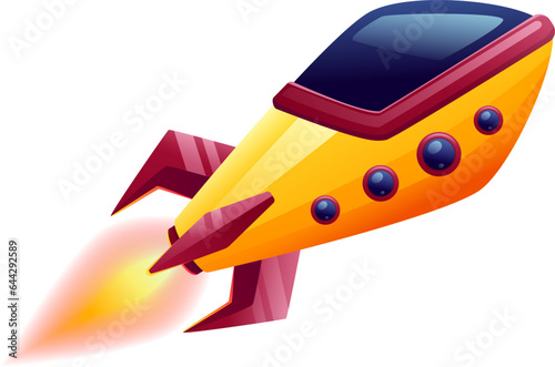 Flying rocket icon. Cartoon spaceship with burning flame