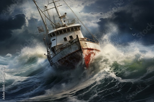 Fishing vessel navigating rough waters. Generative AI