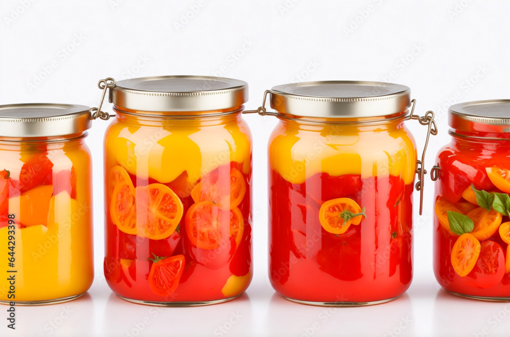 Colorful homemade jars of tomatoes picked and preserved in oil isolated on white background Colorful homemade jars of tomatoes picked and preserved in oil isolated on white background
