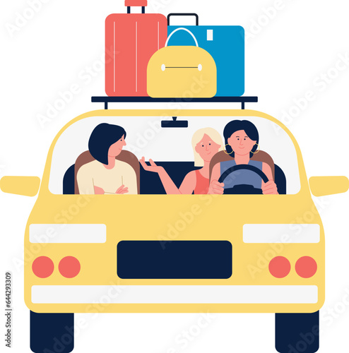 Women travel on car front view. Friends trip
