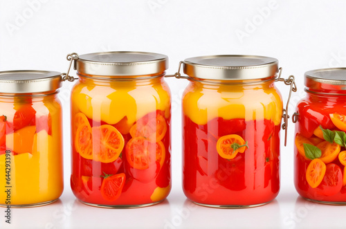 Colorful homemade jars of tomatoes picked and preserved in oil isolated on white background