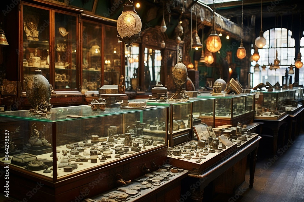 Antique store displaying unique jewelry in glass cases and shelves. Generative AI