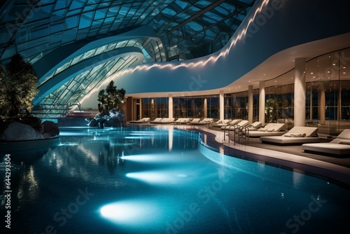 Luxurious wellness center featuring a vast indoor water facility. Generative AI