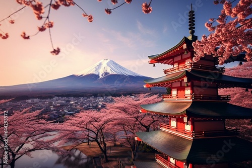Japan's iconic scene with cherry blossoms, pagoda, and Mt. Fuji. Generative AI