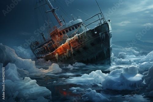 A stranded vessel trapped in icy waters. Generative AI