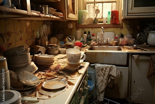 Untidy kitchen with soiled dishes and pans, caused by leftover food and greasy spills. Generative AI