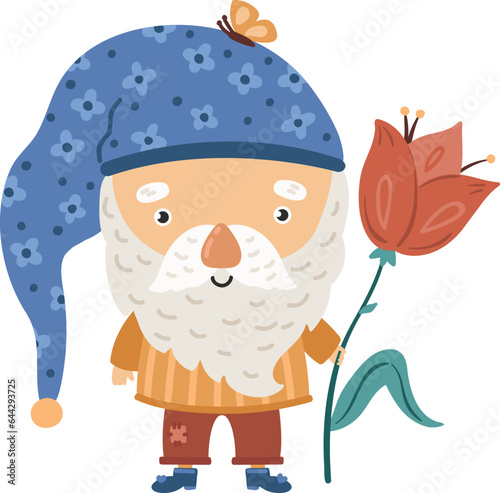 Garden gnome with tulip. Cute tiny old man with beard