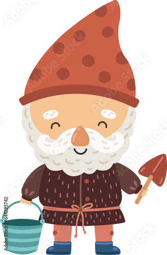 Garden dwarf character. Cute tiny man with shovel