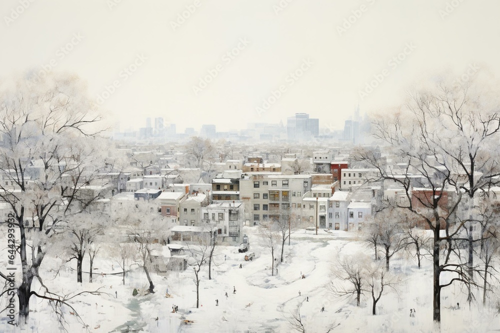 A snowy cityscape with white ground and trees on the horizon. Generative AI