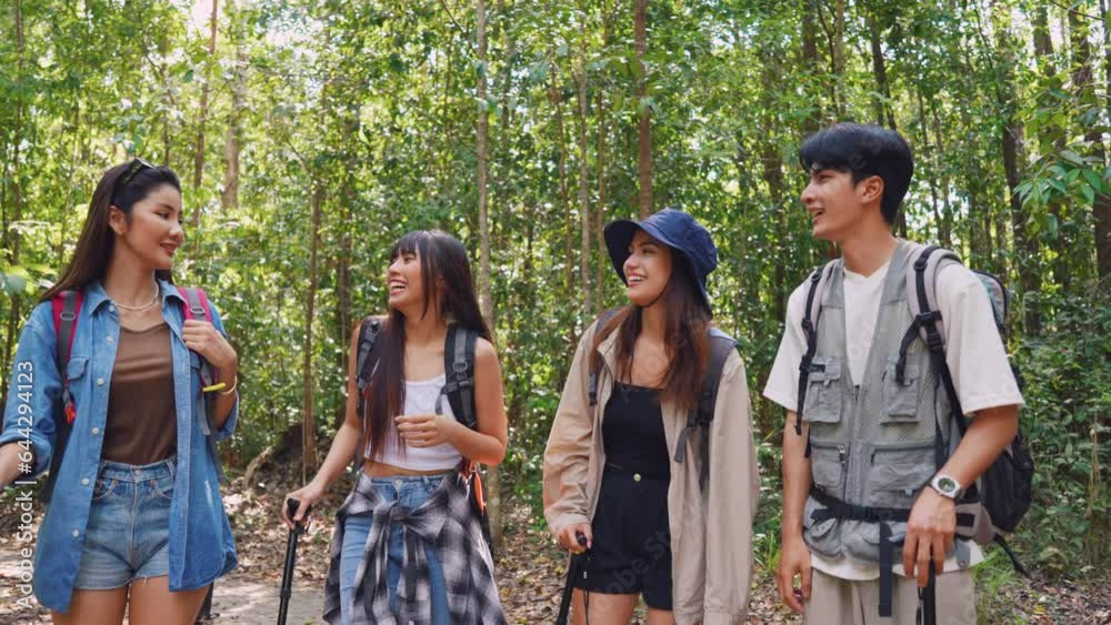Group of Asian backpacker people having fun travel in forest together. 