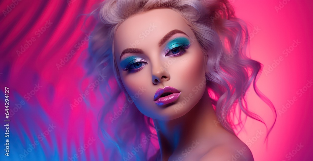 Fashion studio portrait of young woman beautiful makeup, bright neon colors, Pretty young woman romantic face on the neon colors background, model for fashion adverticement banner Fashion studio portrait of young woman beautiful makeup, bright neon colors, Pretty young woman romantic face on the neon colors background, model for fashion adverticement banner