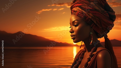 fashion tribal african woman dark skin on sunset 