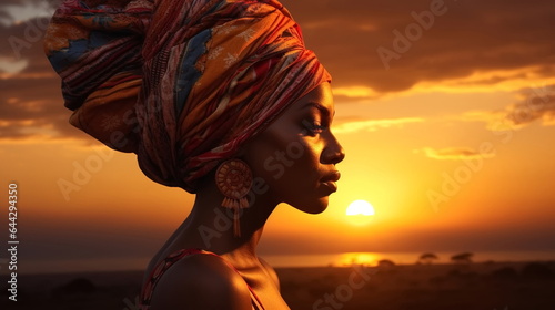 fashion tribal african woman dark skin on sunset 