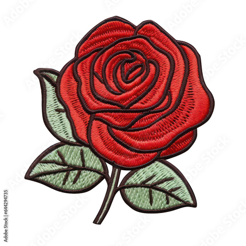 embroidered rose patch sticker, stitched patchwork icon on transparent png background, generative ai