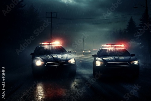 Police cars in pursuit through foggy night responding to emergency 911 call. Generative AI