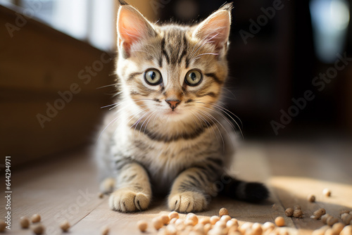 photograph of Cute cat near litter box in room.Generative ai