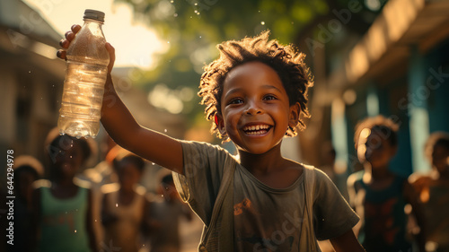 photograph of Extremely happy African boy with water bottle in hand.