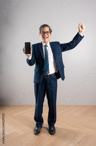Portrait of an elderly Asian businessman, posing on a blue background