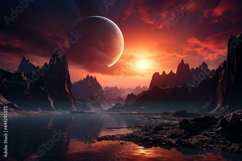 View of a sunrise on an exoplanet. Generative AI