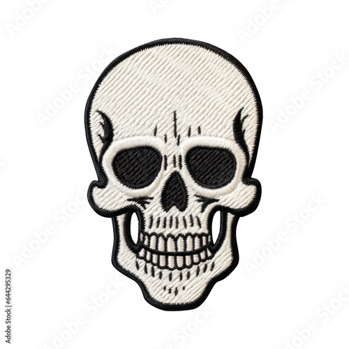 embroidered skull patch sticker, stitched patchwork icon on transparent png background, generative ai