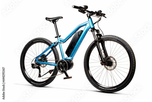 Innovative blue electric bicycle with mid-mounted motor. Battery powered, isolated on white background. Generative AI