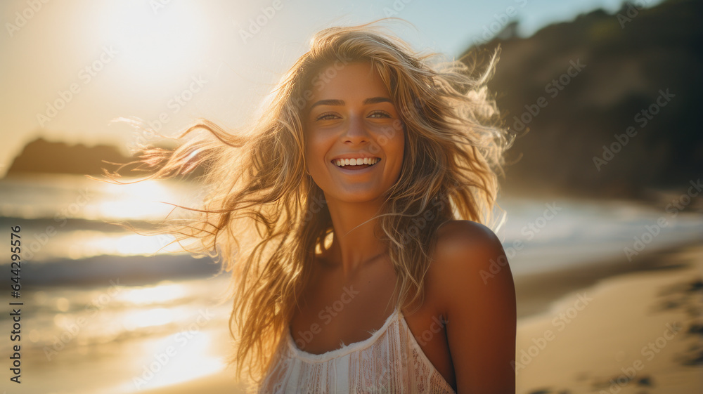 photograph of Summer Beach portrait of excited blonde woman smiling wide. photograph of Summer Beach portrait of excited blonde woman smiling wide.