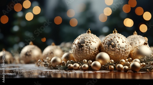 Winter background with white Christmas balls on a blurred background of Christmas trees with illumination