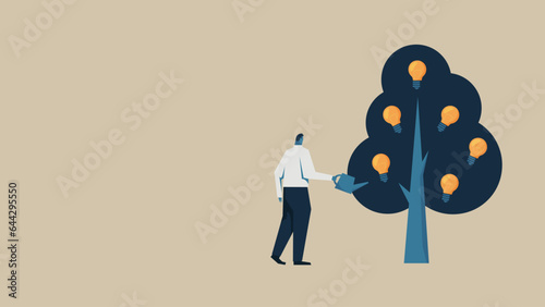 An image illustration that fosters ideas. A man is watering a tree with a watering can. The tree is full of ideas.