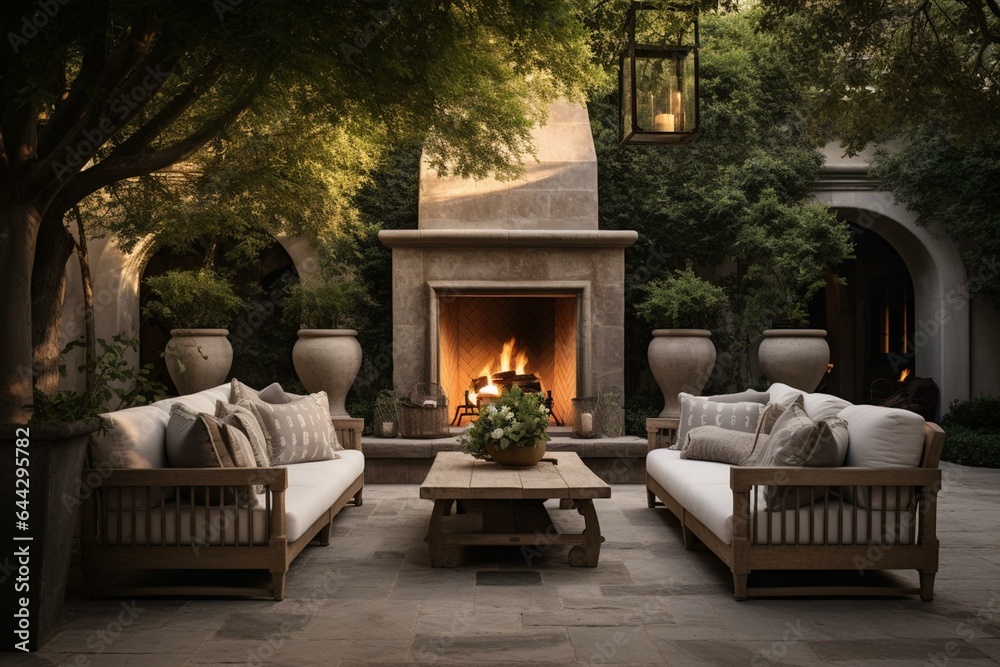Outdoor space with a fireplace and comfortable seating. Generative AI