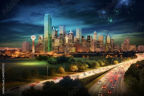 Breathtaking Dallas skyline, featuring iconic highway, park, and the striking Reunion Tower. Generative AI © Carter