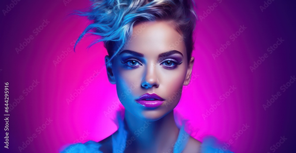 Fashion studio portrait of young woman beautiful makeup, bright neon colors, Pretty young woman face on the neon colors background Fashion studio portrait of young woman beautiful makeup, bright neon colors, Pretty young woman face on the neon colors background