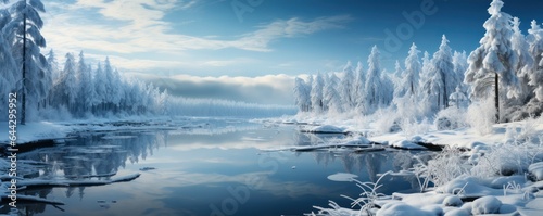 the winter serene lake reflects the snow-covered trees standing around. calm winter scene.  © Margo_Alexa