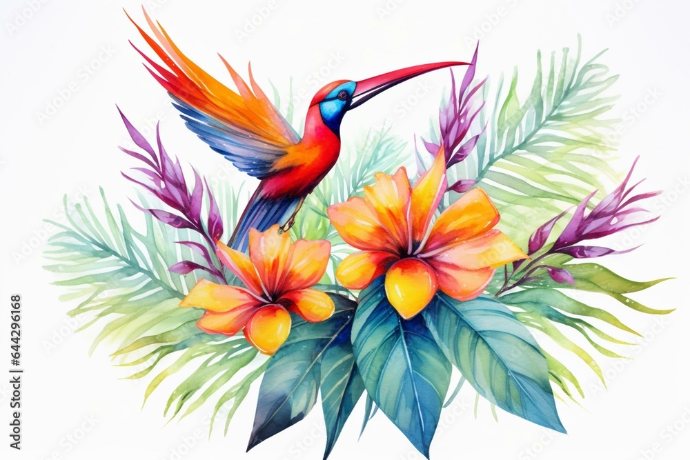 Watercolor illustration of an exotic bird of paradise with flowers and palm leaves on a white background. Generative AI