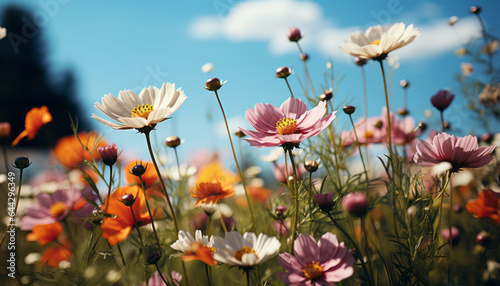 Colorful flower meadow with sunbeams and blue sky and bokeh lights generative ai