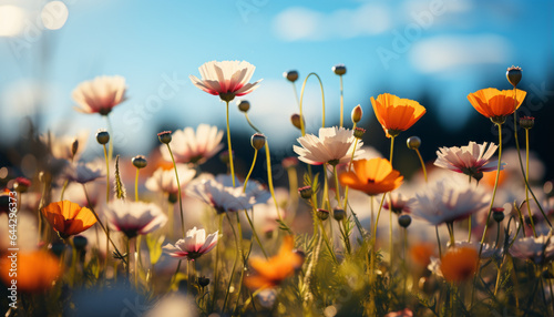 Colorful flower meadow with sunbeams and blue sky and bokeh lights generative ai © LomaPari2021