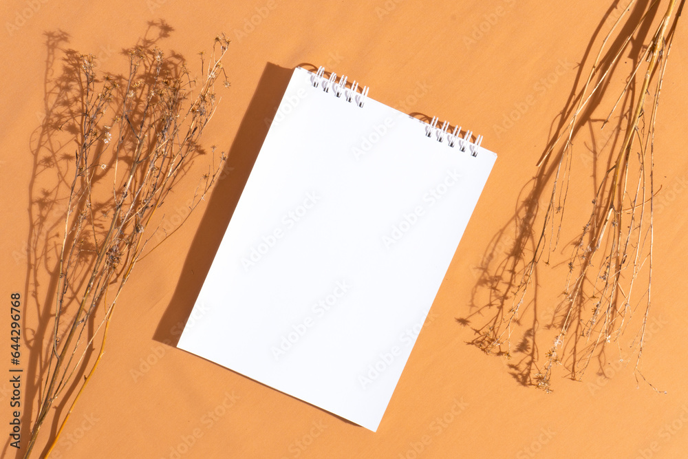 Minimalist notepad mockup with dried plants, flat lay, beige background
Minimalist notepad mockup with dried plants, flat lay, beige background