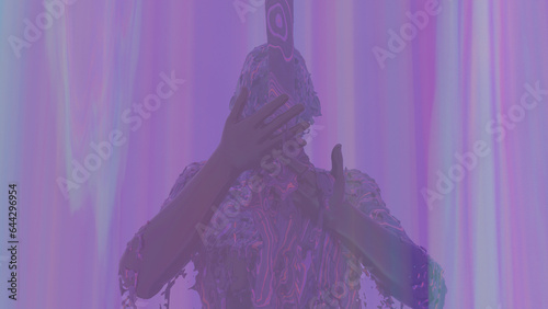 3d render Sexy young dark woman, fluid animation flowing through the body of the girl inside a rainbow field