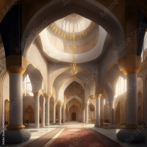 Interior of a mosque with arabic interior, Beautiful prayer hall interior view at islamic building