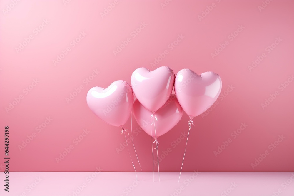 Pink background with 4 heart balloons. Generative AI