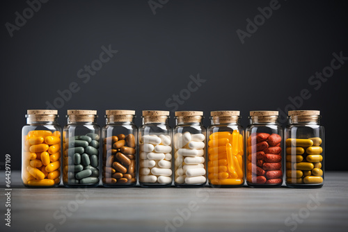photograph of Jars with different pills on grey background.generative ai photo