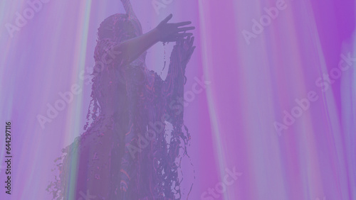 3d render Sexy young dark woman, fluid animation flowing through the body of the girl inside a rainbow field