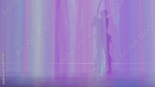 3d render Sexy young dark woman, fluid animation flowing through the body of the girl inside a rainbow field