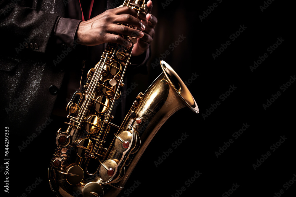 Fototapeta premium photograph of Saxophone player Saxophonist playing jazz music instrument .generative ai