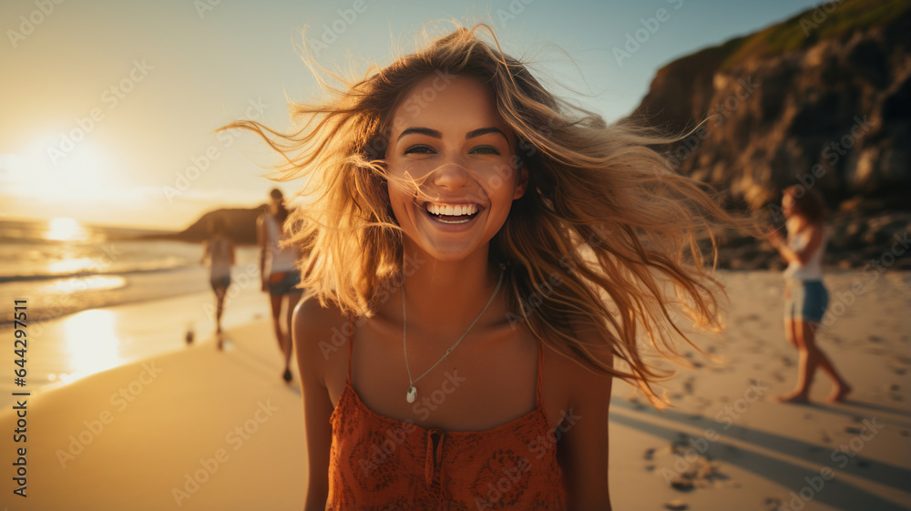 photograph of Summer Beach portrait of excited blonde woman smiling wide.generative ai photograph of Summer Beach portrait of excited blonde woman smiling wide.generative ai