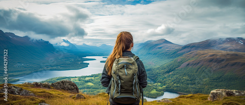A woman backpacker hiking in the mountains with an over the shoulder shot of a scenic view. A greater summer vacation in nature.