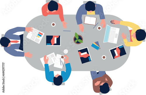 Conference table meeting top view. Teamwork concept